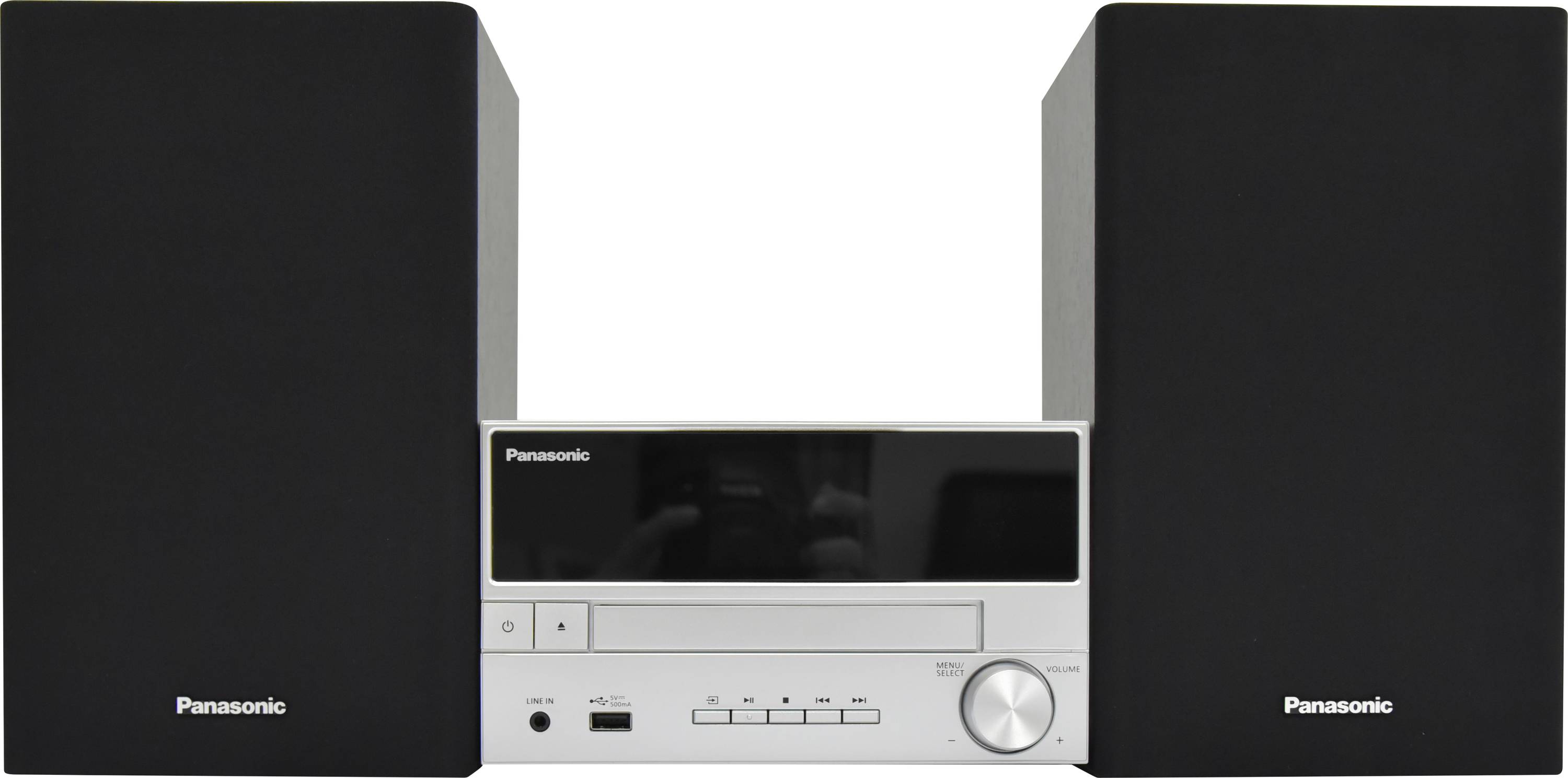 Système stéréo Panasonic avec deux haut-parleurs noirs de grande taille encadrant un lecteur CD central et un panneau de contrôle.