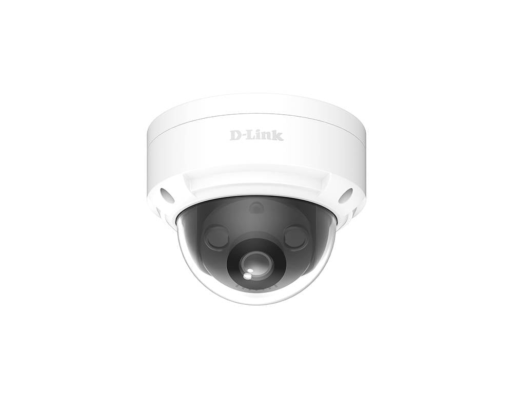 Caméra de sécurité D-Link en forme de dôme blanc avec boîtier optique foncé, présentée en vue de face sur un fond neutre.