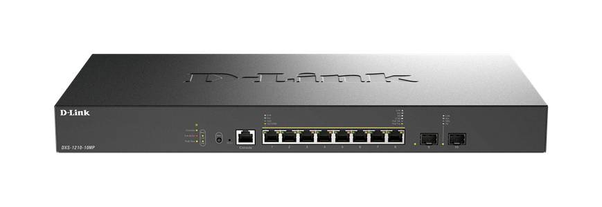 Vue de face d'un commutateur Ethernet D-Link avec plusieurs ports LAN et voyants de statut sur un appareil de montage en rack noir.
