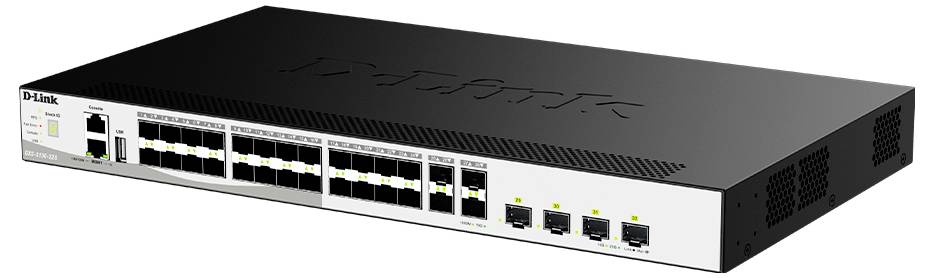 Commutateur réseau D-Link noir avec plusieurs ports Ethernet et voyants de statut, présenté dans une vue de produit en angle avant-gauche.