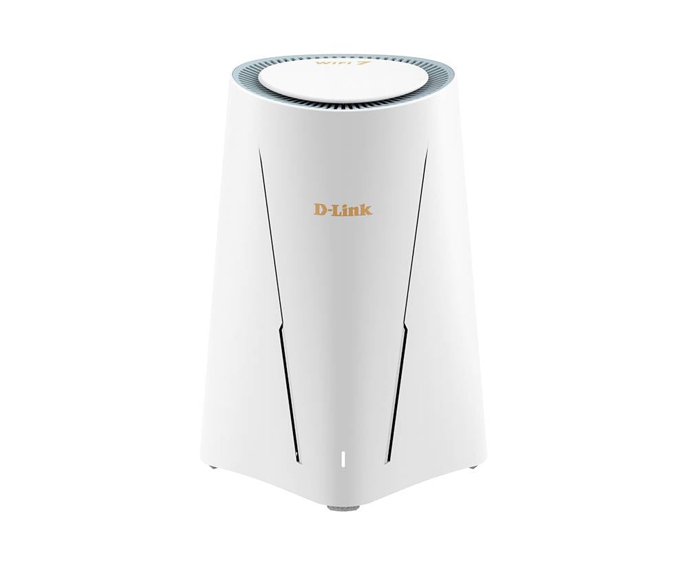 Routeur D-Link sans fil blanc ou unité Wi-Fi maillé montré en vue de face sur un fond blanc.