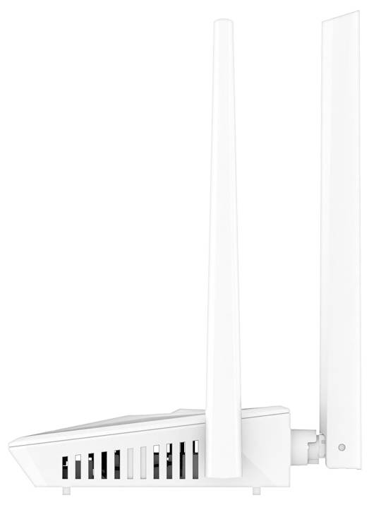 Routeur sans fil blanc avec deux hautes antennes externes sur un fond blanc uni, présenté en vue de profil.