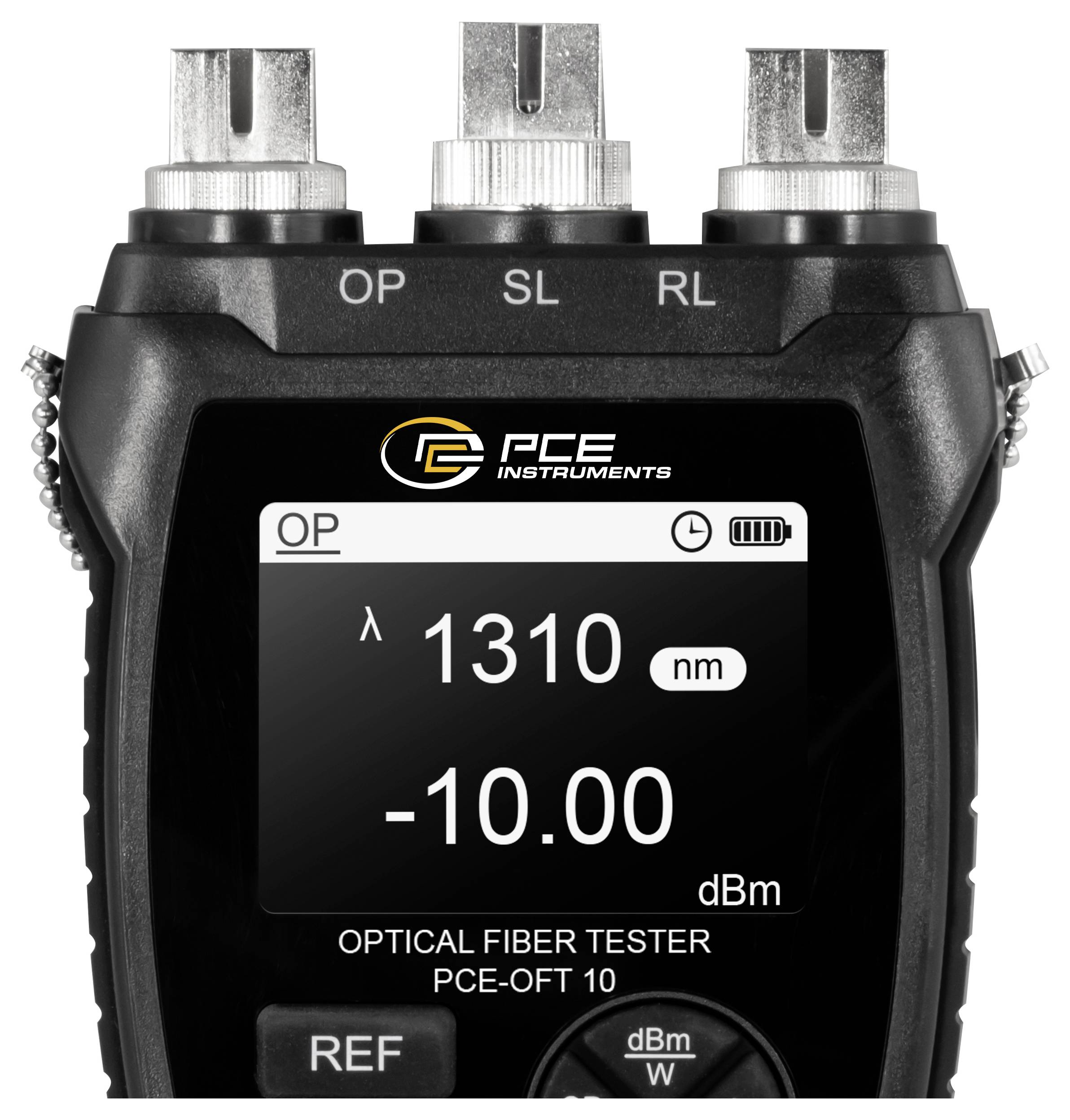 Testeur optique portatif affichant une longueur d'onde de 1310 nm et une puissance optique de -10,00 dBm sur son écran.