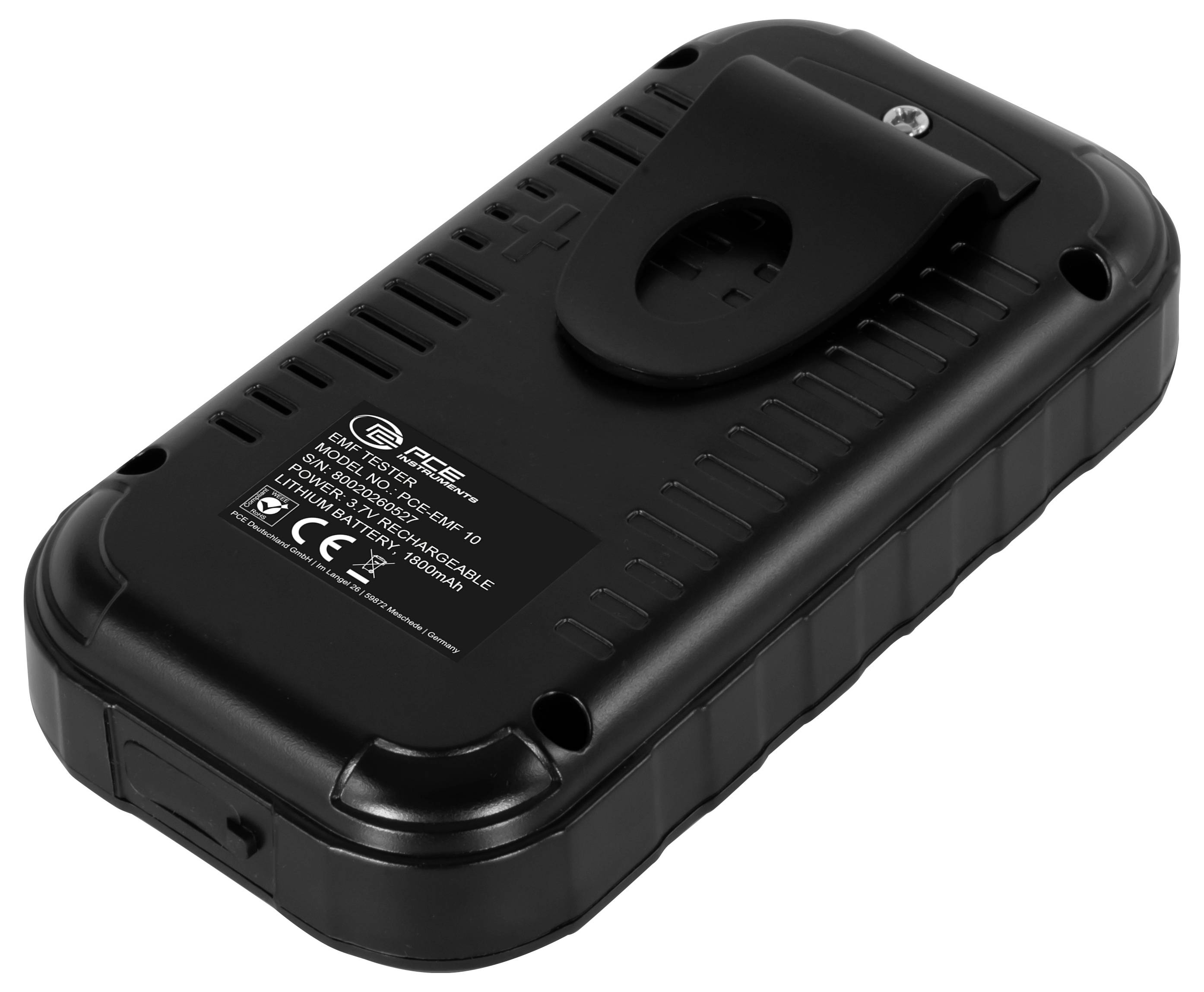 Batterie rectangulaire noire ou appareil électronique avec pince de montage supérieure et étiquette de produit.