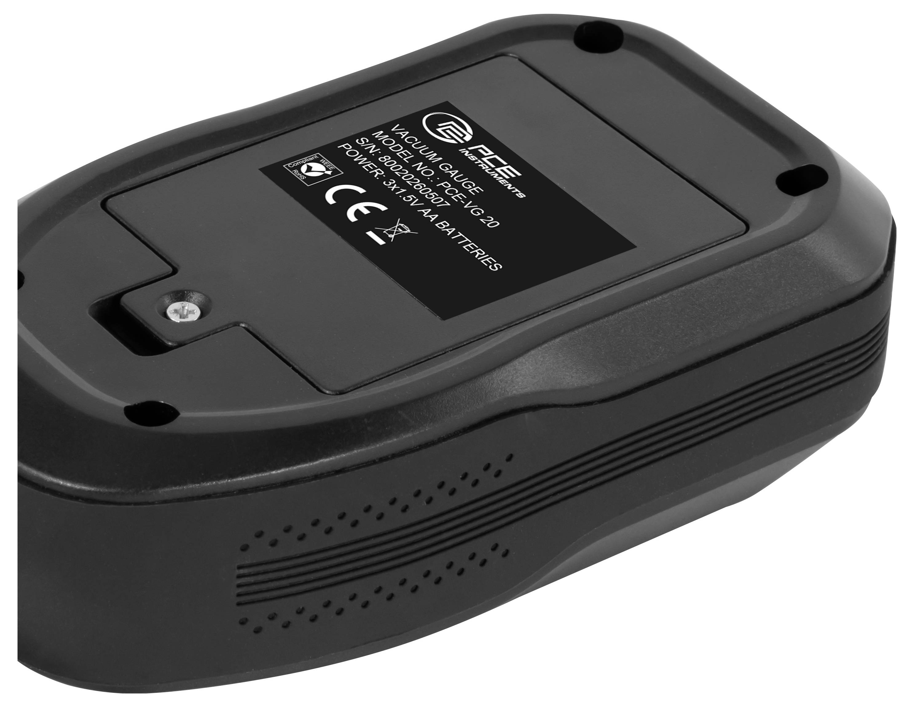 Batterie rechargeable noire avec étiquette et icônes de sécurité, présentée en vue rapprochée du produit sur fond blanc.