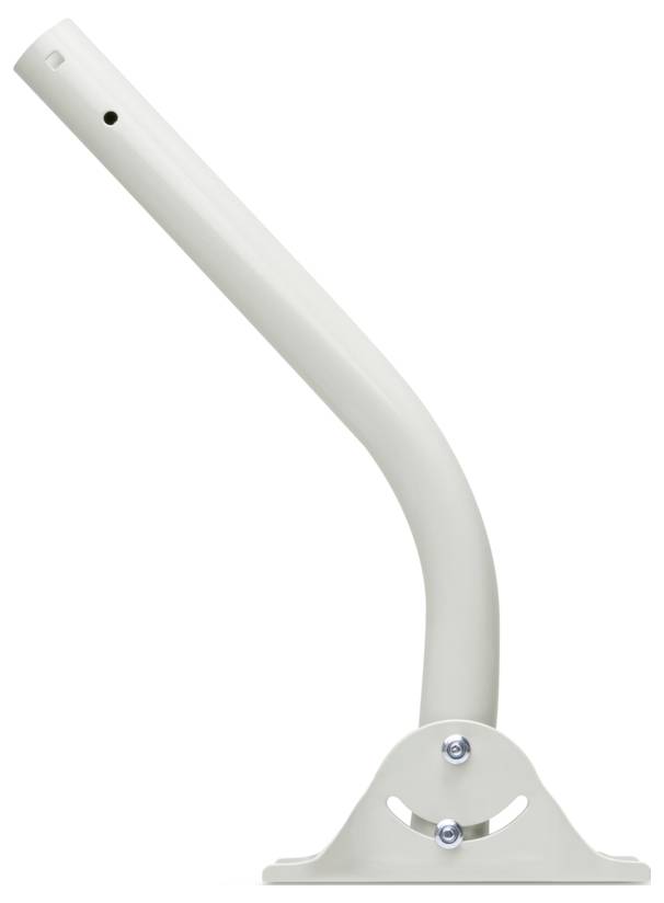 Équerre de montage en métal blanc avec tube incurvé et platine de base, présentée sur un fond neutre.