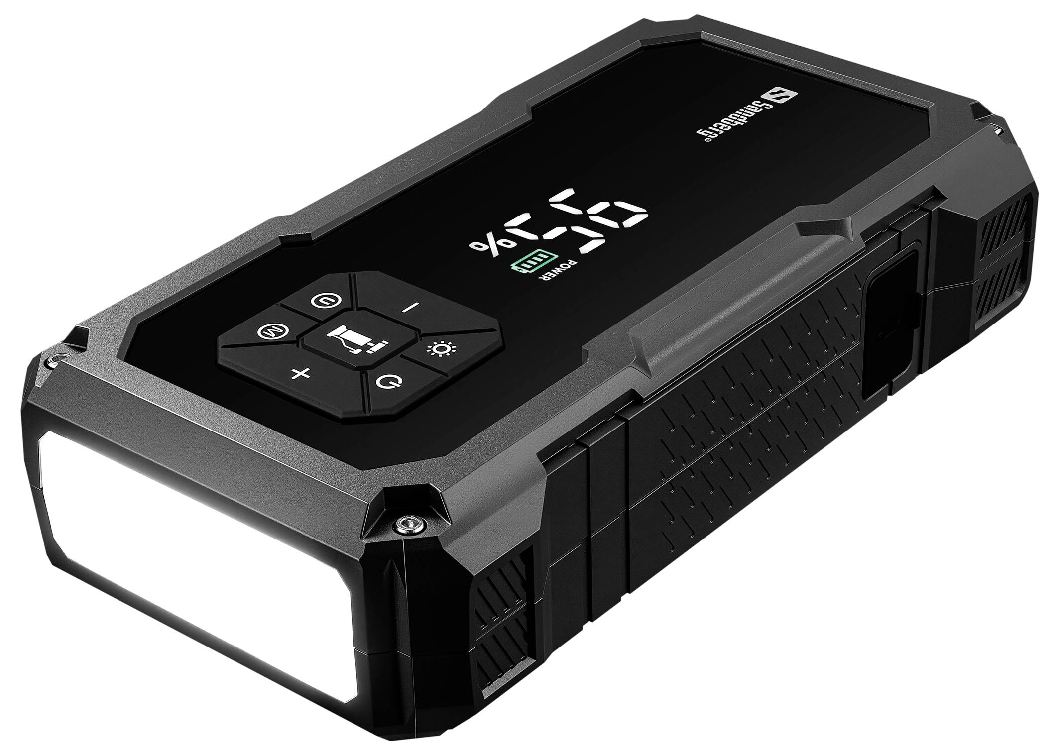 Démarreur de batterie portable avec lampe de poche intégrée et affichage numérique de la batterie indiquant 75% de charge.