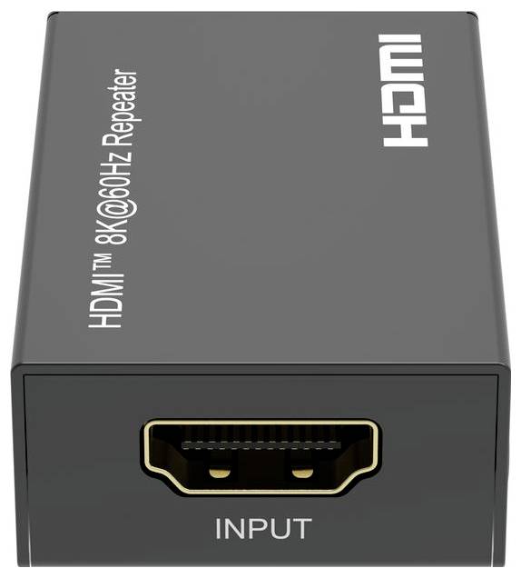 Boîtier noir répéteur HDMI étiqueté « Répéteur HDMI 8K@60Hz » avec un port « ENTRÉE » à l'avant.