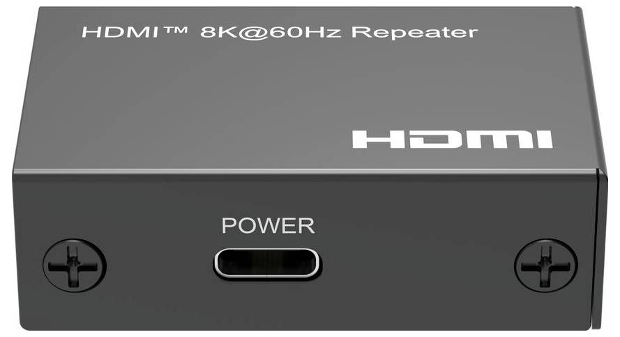 Boîtier répéteur HDMI 8K@60Hz noir avec port d'alimentation à l'avant et logo HDMI sur le dessus.