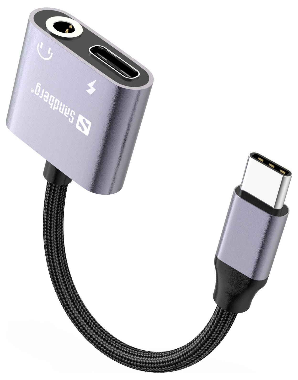 Câble adaptateur USB-C avec une prise jack casque 3,5 mm et connecteur USB-C, présenté sur un fond blanc.