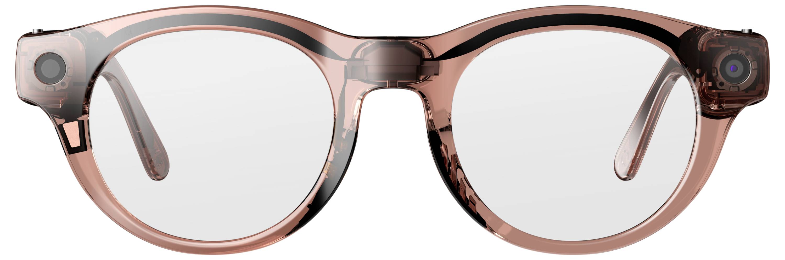 Lunettes de vue rose translucide avec des verres ronds et des modules ressemblant à des appareils photo de couleur sombre aux deux branches.