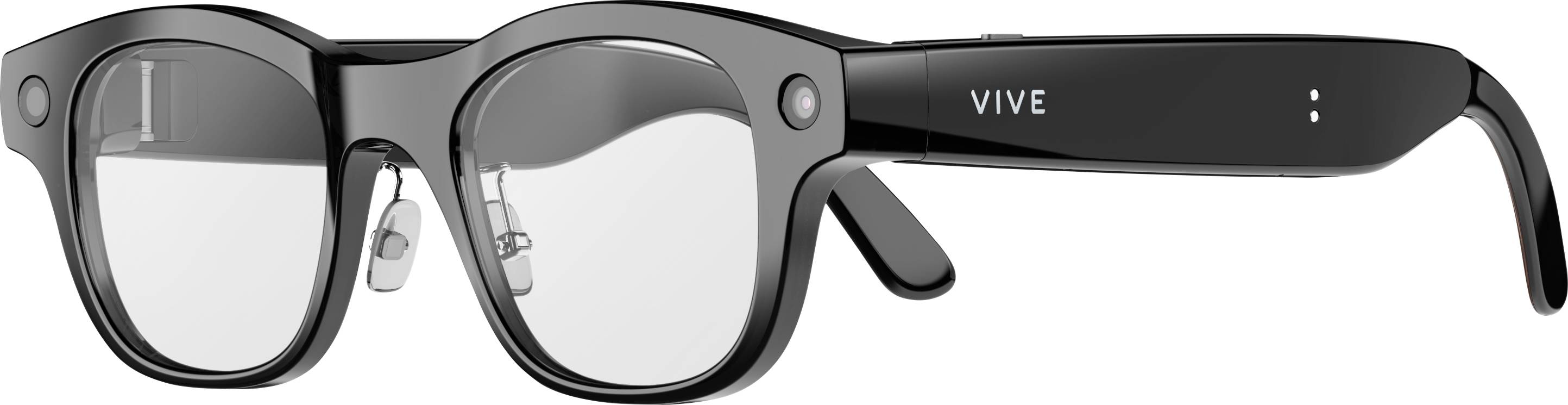 Lunettes intelligentes VIVE noires avec des montures rectangulaires épaisses, caméra intégrée et commandes latérales, présentées de profil sur fond blanc