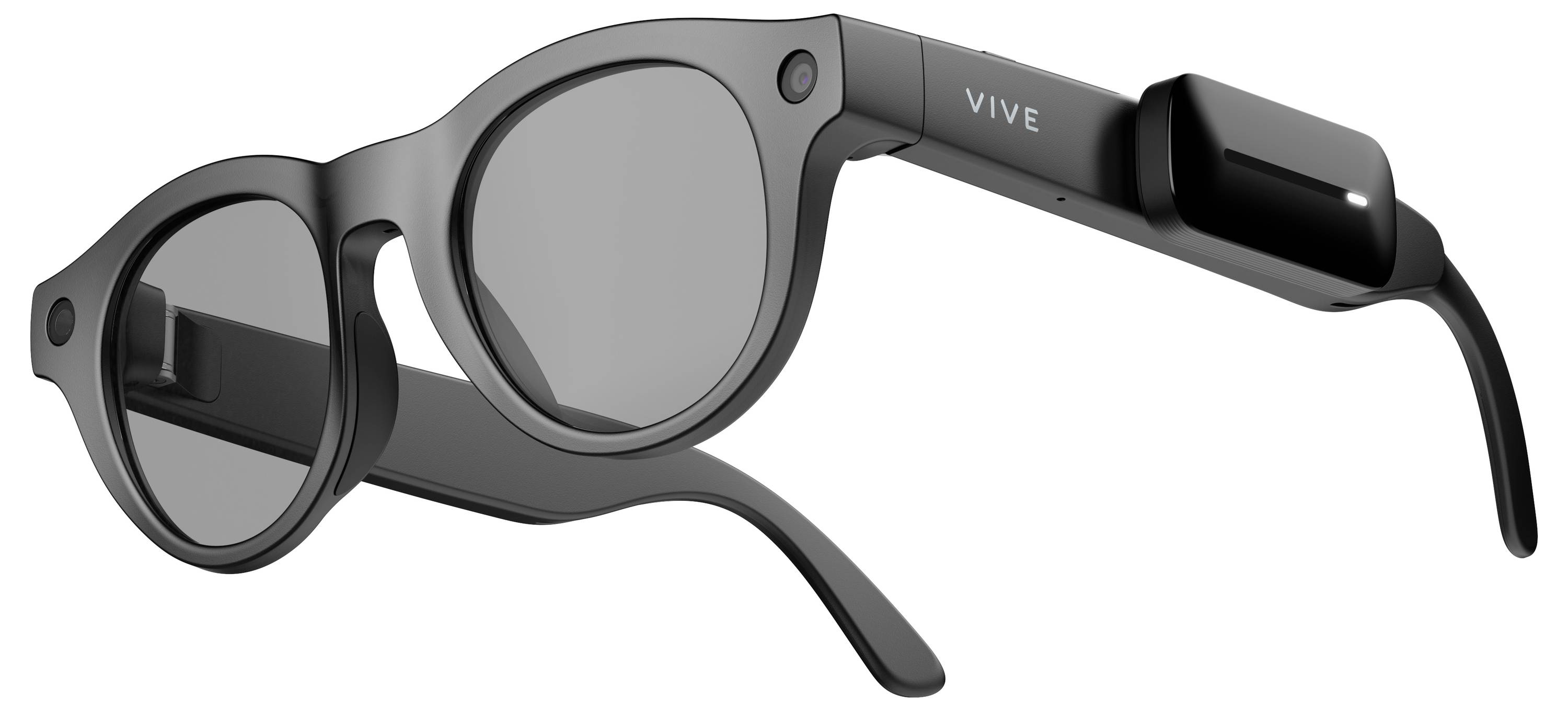 Lunettes de soleil rondes noires ou lunettes intelligentes avec des montures épaisses et des verres tintés sur un fond blanc, étiquetées « VIVE » sur la branche.