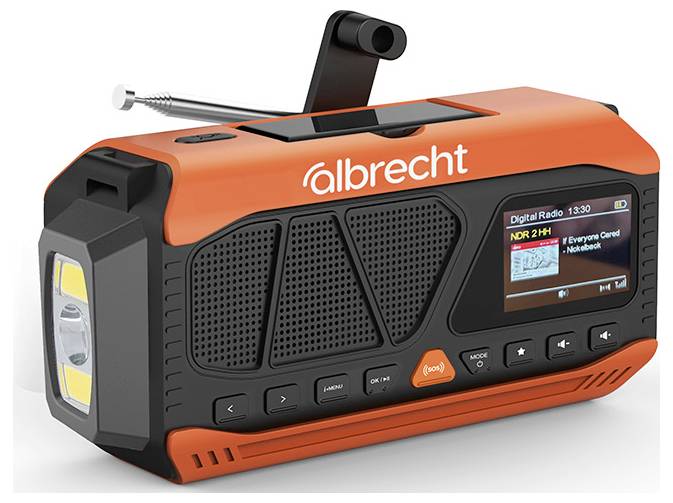 Radiorécepteur numérique Orange Albrecht avec haut-parleurs intégrés, écran d'affichage et poignée supérieure, présenté dans une vue de style produit.