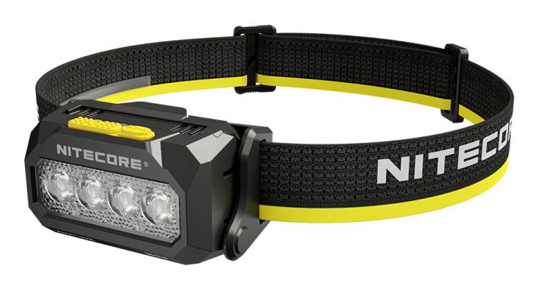 Lampe frontale NITECORE noire avec trois ampoules LED et sangle de tête ajustable noir et jaune sur un fond blanc.