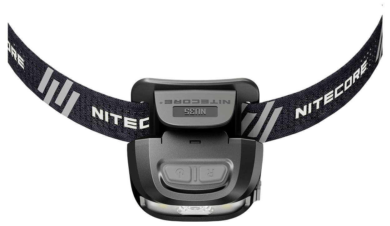 Lampe frontale Nitecore noire avec sangle élastique pour la tête, vue de face sur fond blanc.