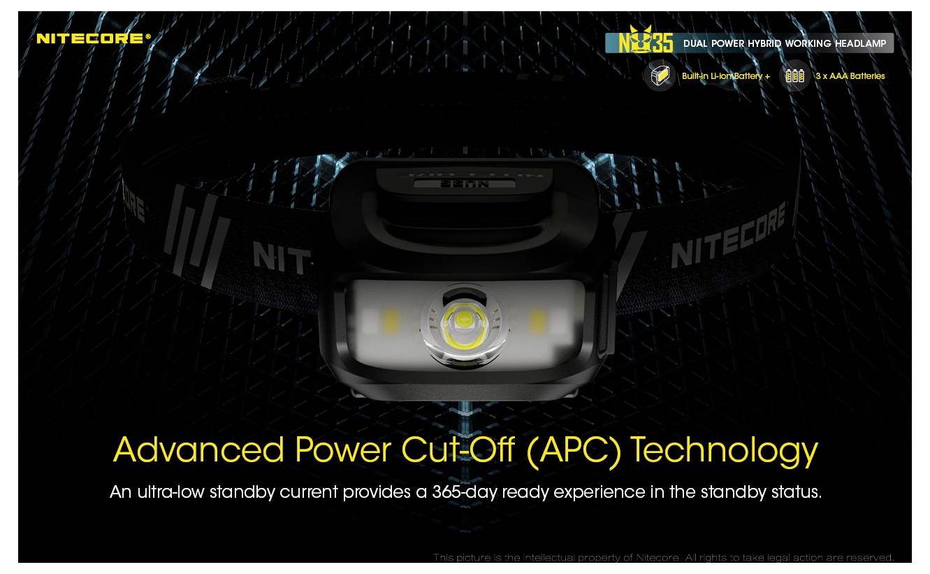 Lampe frontale de travail hybride à double alimentation Nitecore N33 avec « Technologie de coupure d'alimentation avancée (APC) » et conception prête au mode veille de 365 jours.