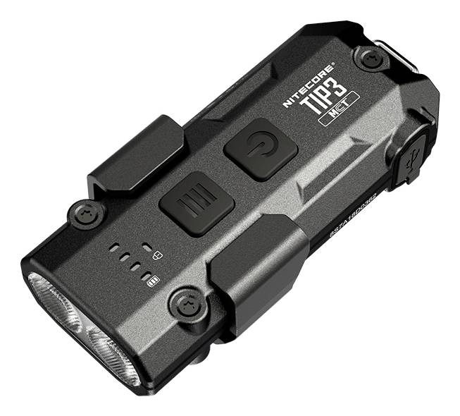 Lampe de poche à chaîne de clés LED rechargeable Nitecore TIP3 noire avec deux LED frontales et boutons latéraux, présentée sur un fond blanc.