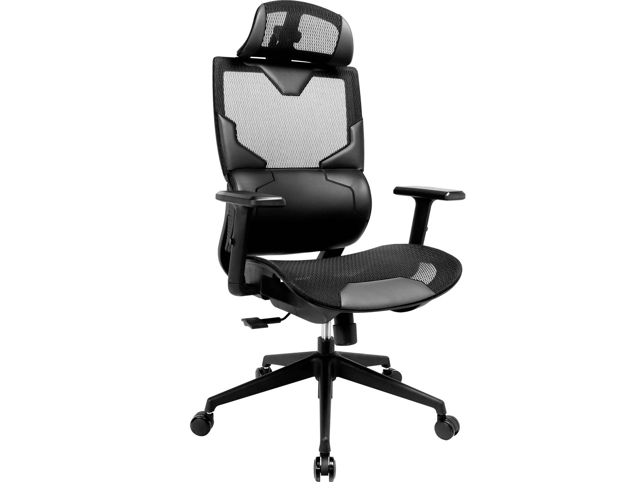 Chaise de bureau ergonomique noire avec appui-tête, dossier en maille, siège rembourré, accoudoirs et base à cinq roulettes sur fond blanc.