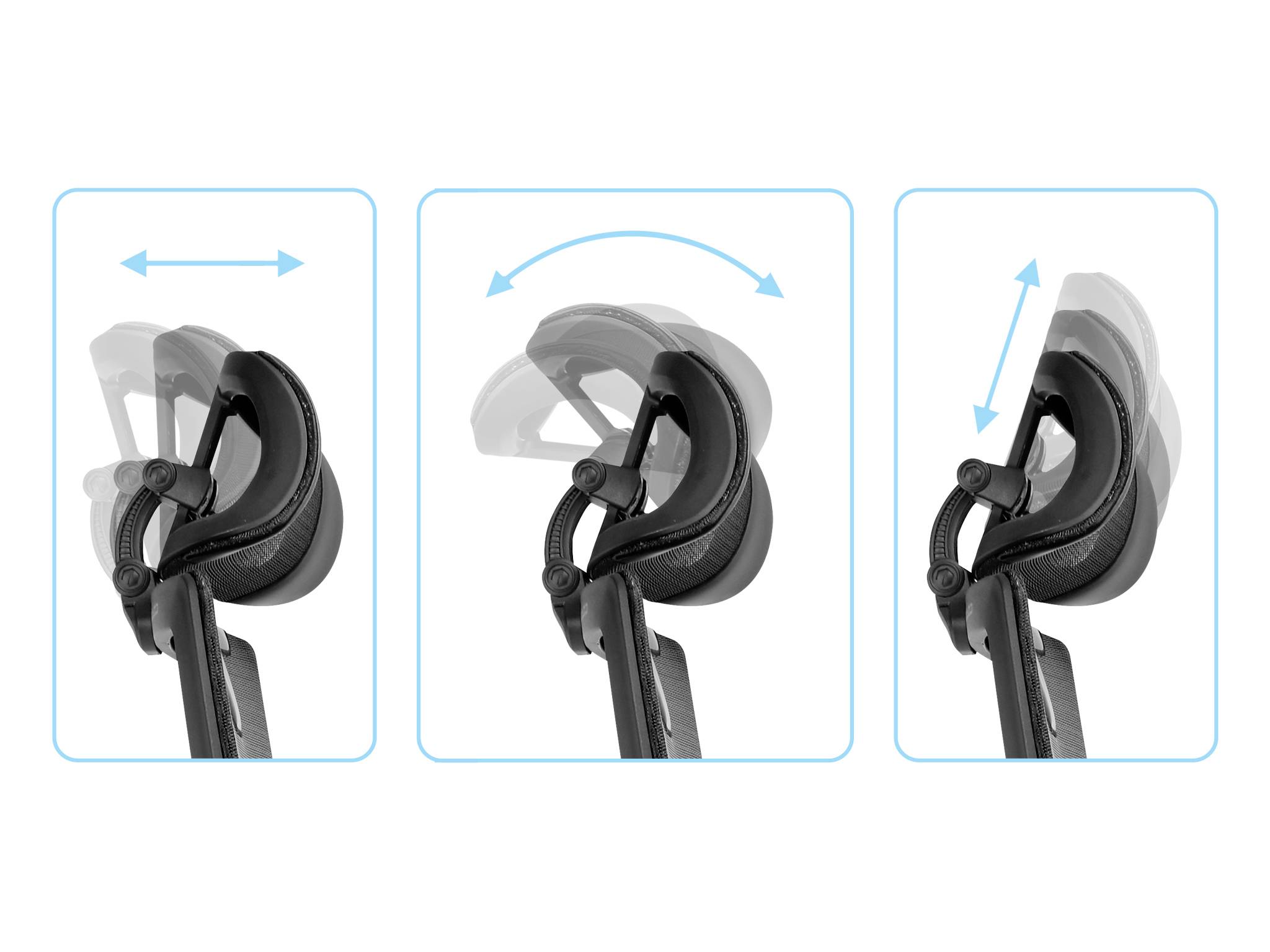 Trois panneaux montrent l'ajustement de la visière d'un casque de vélo : glissement gauche-droite, inclinaison haut-bas, et rotation vers différentes positions.