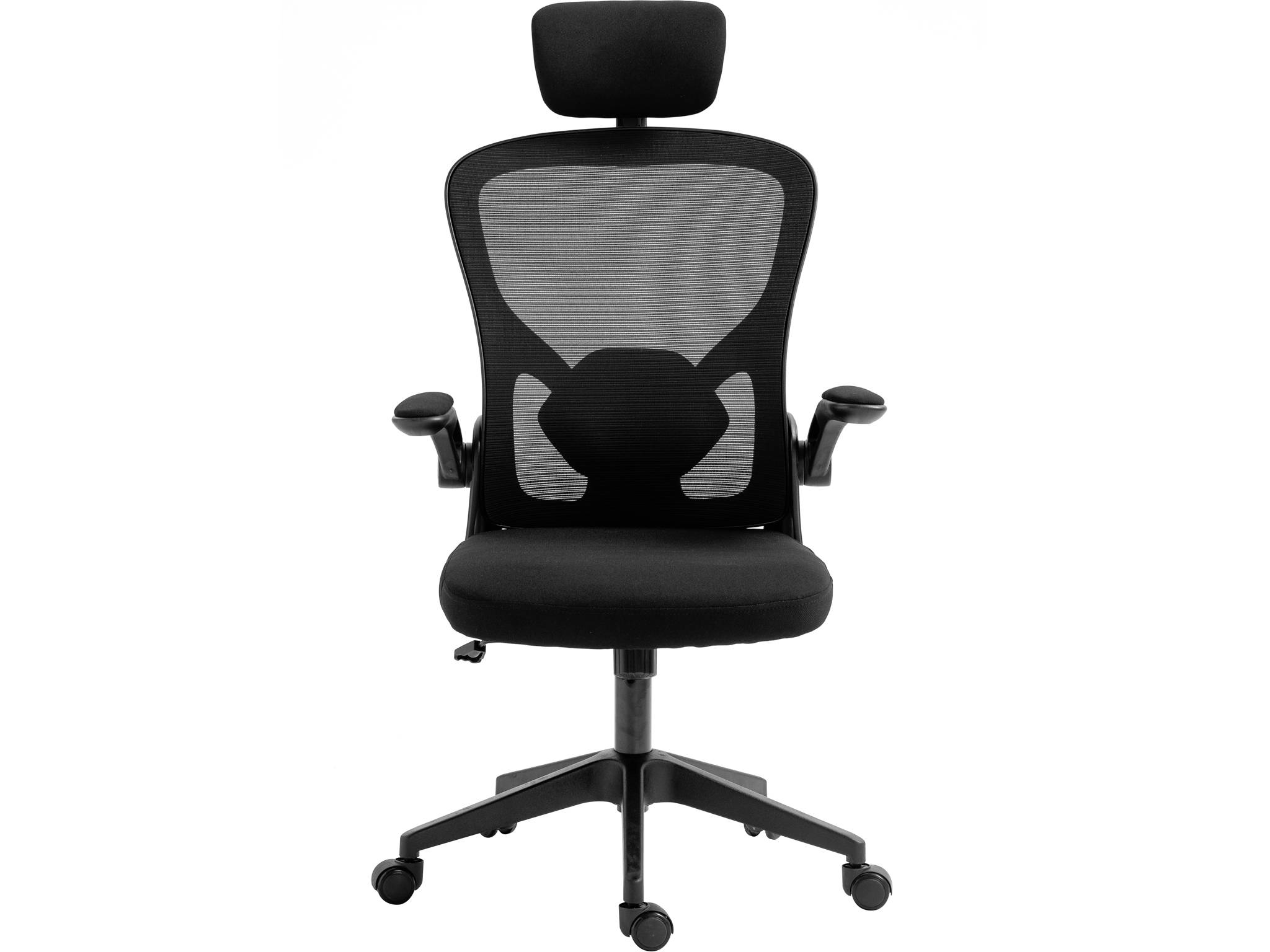 Chaise de bureau ergonomique noire avec dossier en maille, appui-tête, accoudoirs et base à cinq pieds roulants sur fond blanc.