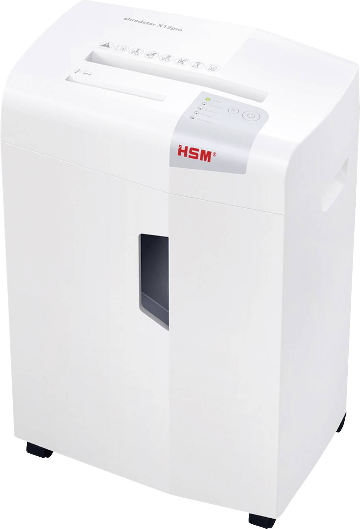 Déchiqueteuse à papier HSM blanche avec fente d'alimentation par le haut, panneau de commande et fenêtre de visualisation sur la porte avant.