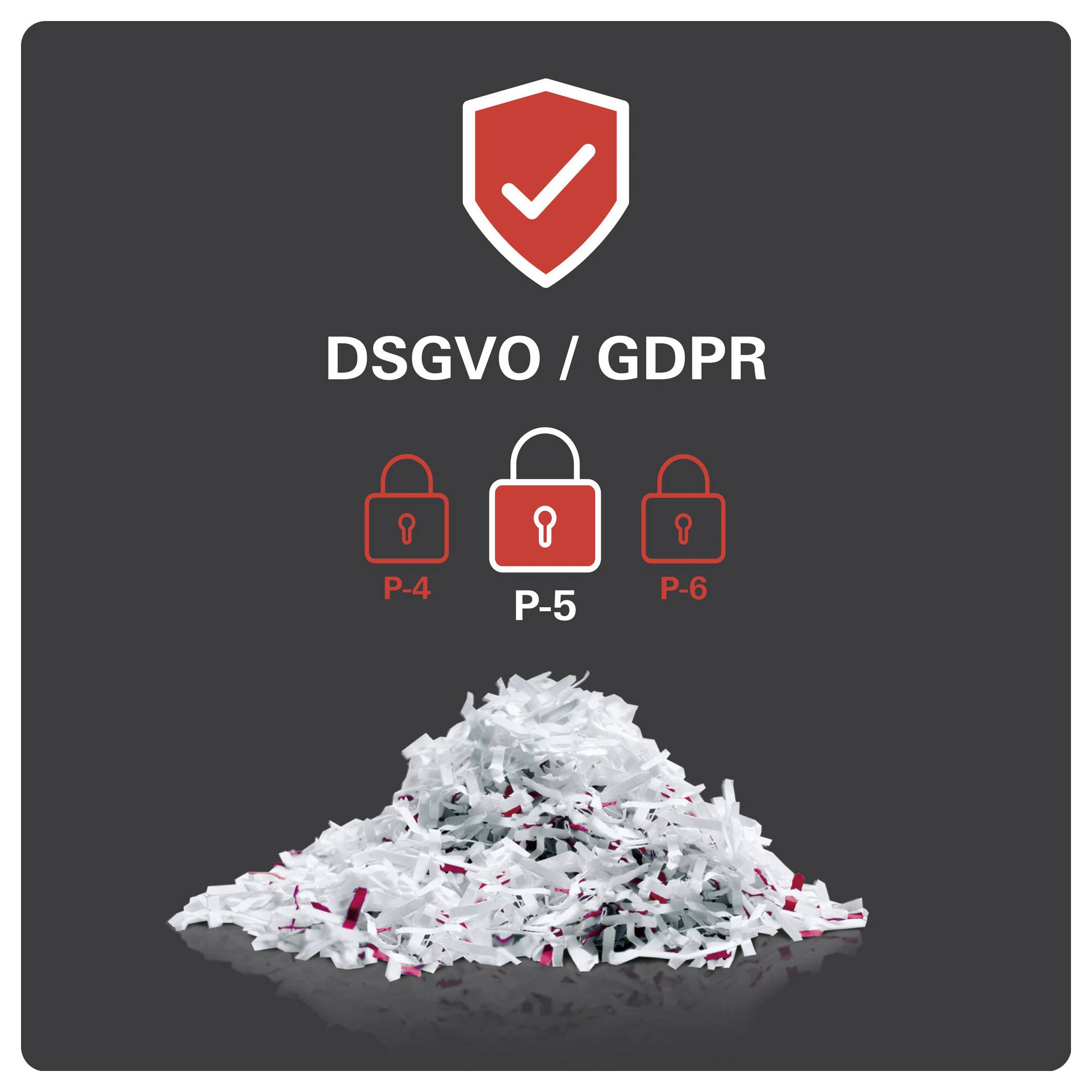 Graphique de conformité RGPD/DSGVO avec un bouclier, trois cadenas étiquetés P-4, P-5 et P-6, et un tas de papier déchiqueté en dessous.