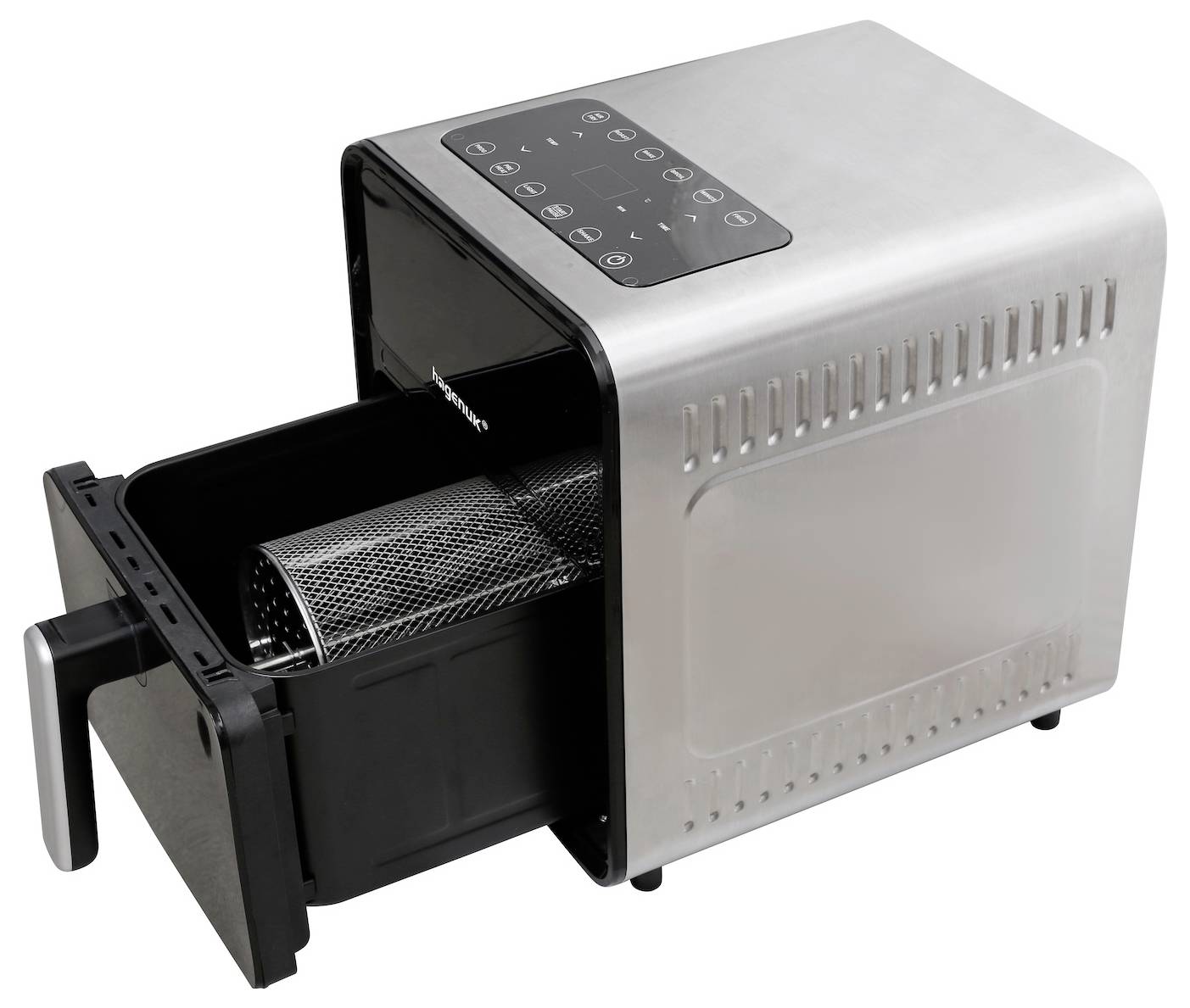 Friteuse à air en acier inoxydable avec panier extractible et panneau de commande numérique sur le dessus, présentée sur un fond blanc.