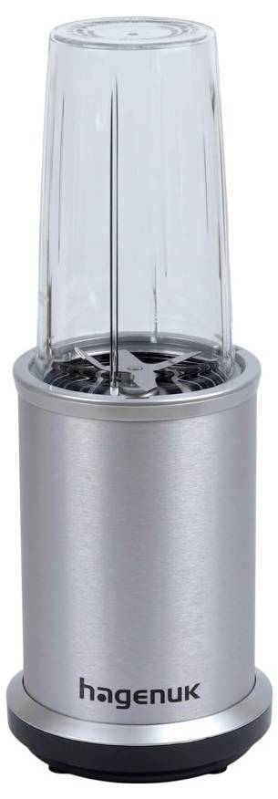 Base de mixeur HAGENUK argentée avec un verre de mixage transparent attaché, présenté sur un fond blanc.