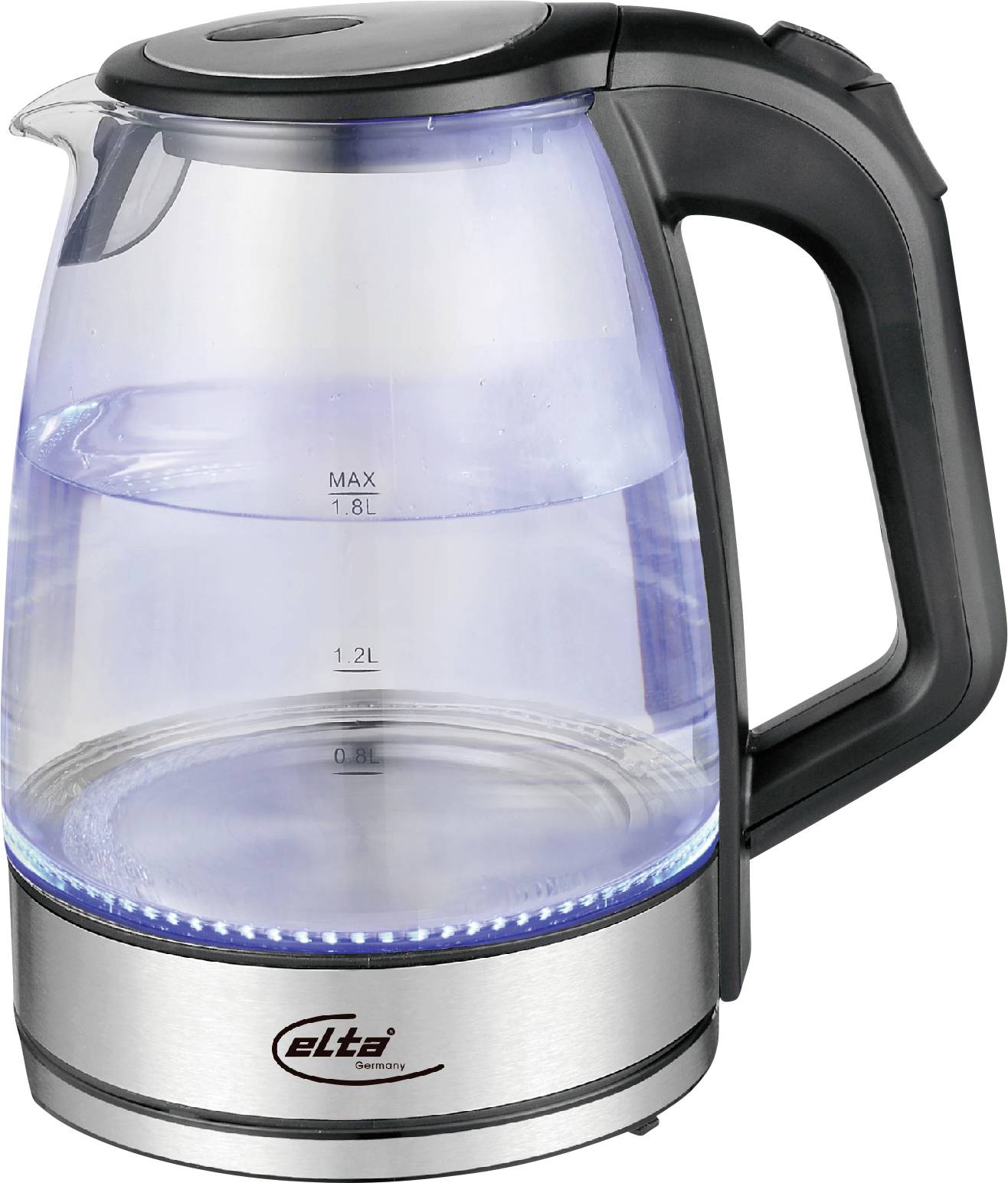 Bouilloire électrique en verre avec poignée et couvercle noirs, affichant des marquages de niveau d'eau et une base en acier inoxydable avec voyant LED bleu.