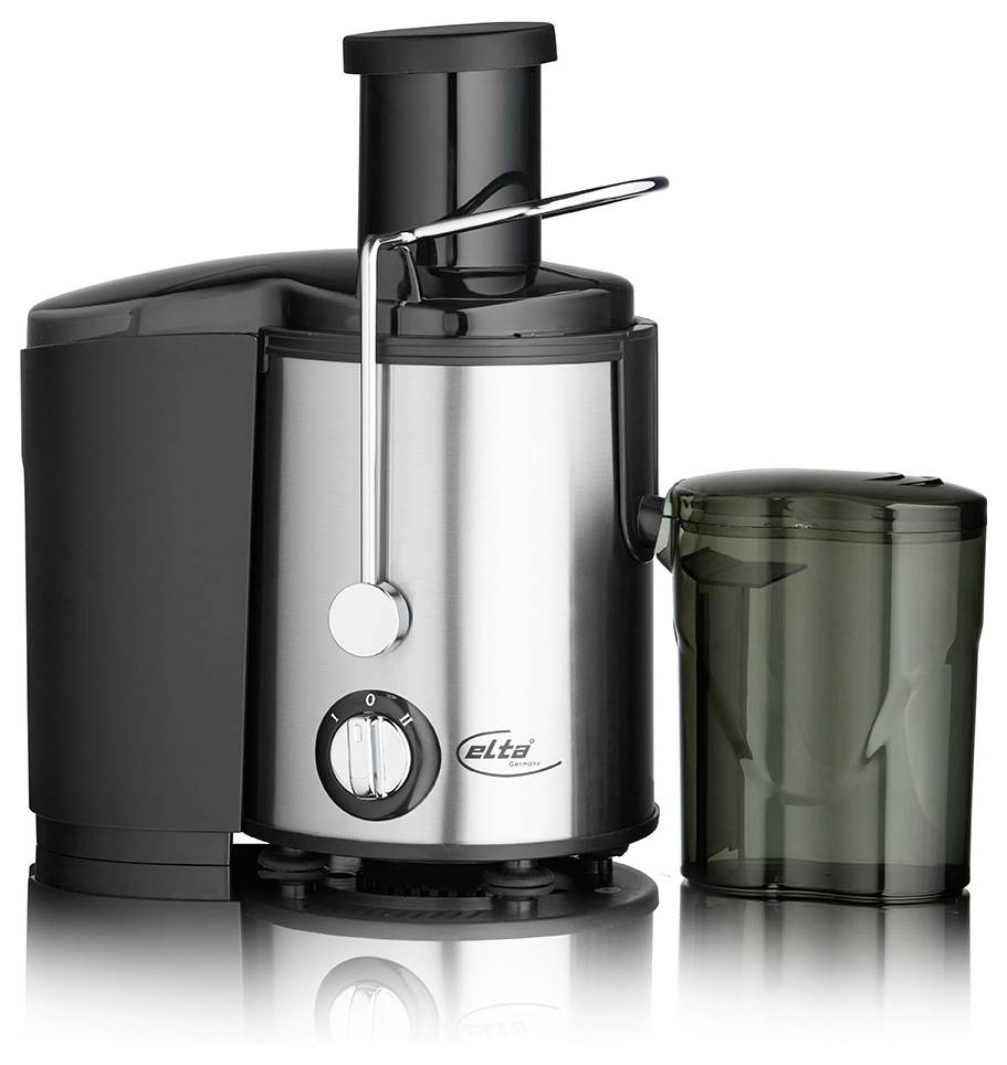 Extracteur de jus électrique en acier inoxydable et noir avec poussoir, cadran de commande et un bac à pulpe translucide à côté.