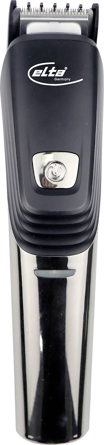 Tondeuse à cheveux électrique Black Elta avec interrupteur argenté, présentée de face sur un fond blanc.