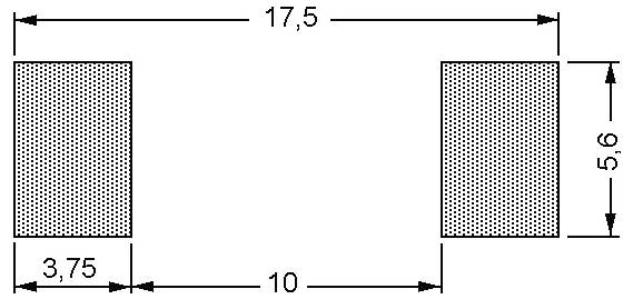 Diagramme technique de deux rectangles égaux espacés; la largeur totale est de 17,5, chaque rectangle mesure 3,75 de large et 5,6 de haut, avec un écart de 10 unités entre eux.