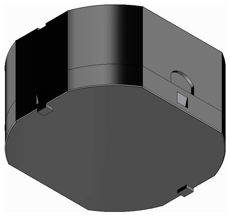 Rendu 3D d'un composant électronique cylindrique gris foncé ou d'un boîtier d'enclosure avec une base plate, présenté en perspective sur un fond blanc.