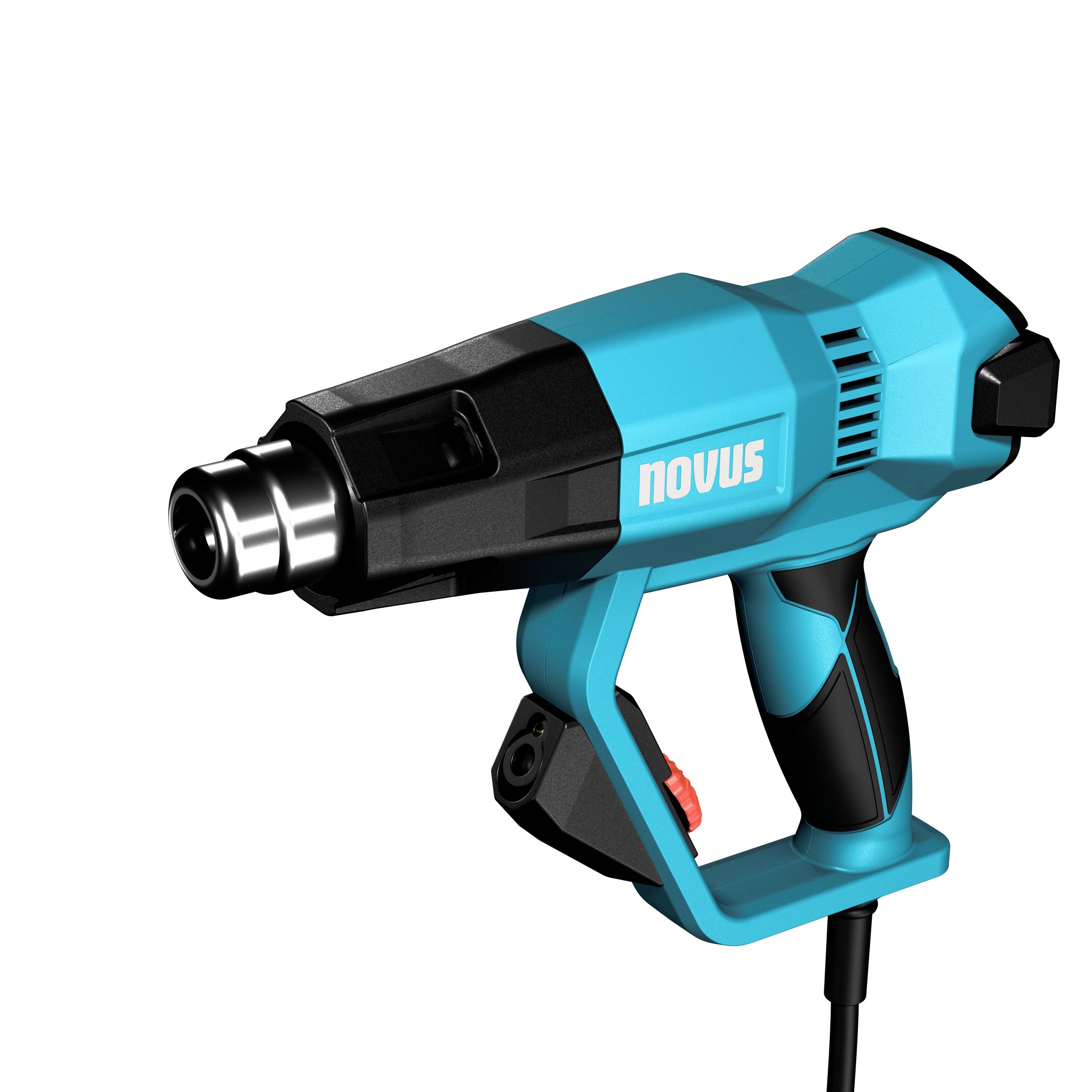 Pistolet thermique électrique bleu et noir avec embout, poignée pistolet et cordon, présenté sur fond blanc.