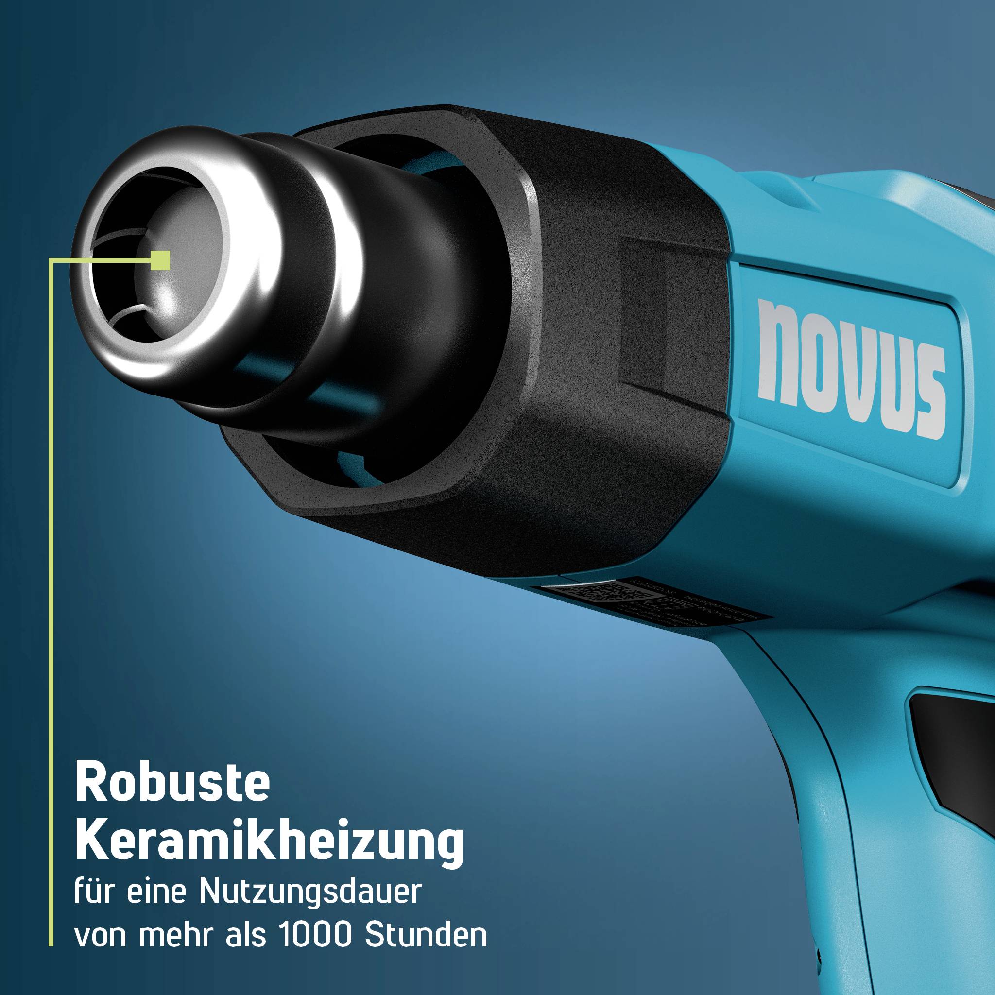 Gros plan d'un pistolet thermique Novus bleu avec le texte « Robuste Keramikheizung », publicité pour un radiateur céramique durable pour plus de 1000 heures.