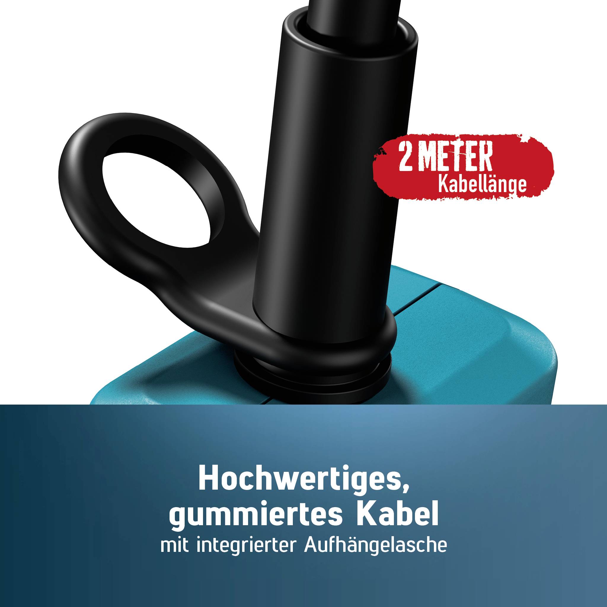 Image du produit d'un câble noir avec boucle de suspension intégrée sur un appareil bleu ; le texte indique « Longueur de câble de 2 MÈTRES » et « Câble caoutchouté de haute qualité avec anse de suspension intégrée »