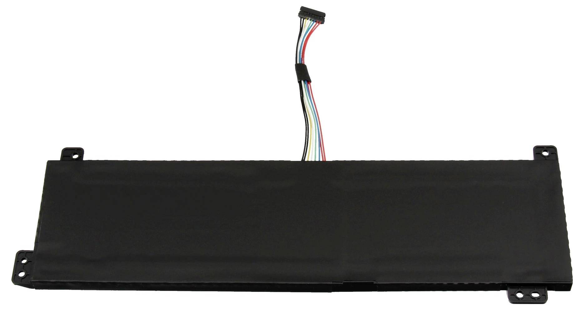 Composant électronique rectangulaire noir et long avec des pattes de montage et un connecteur de câble multicolore au centre supérieur sur un fond blanc.