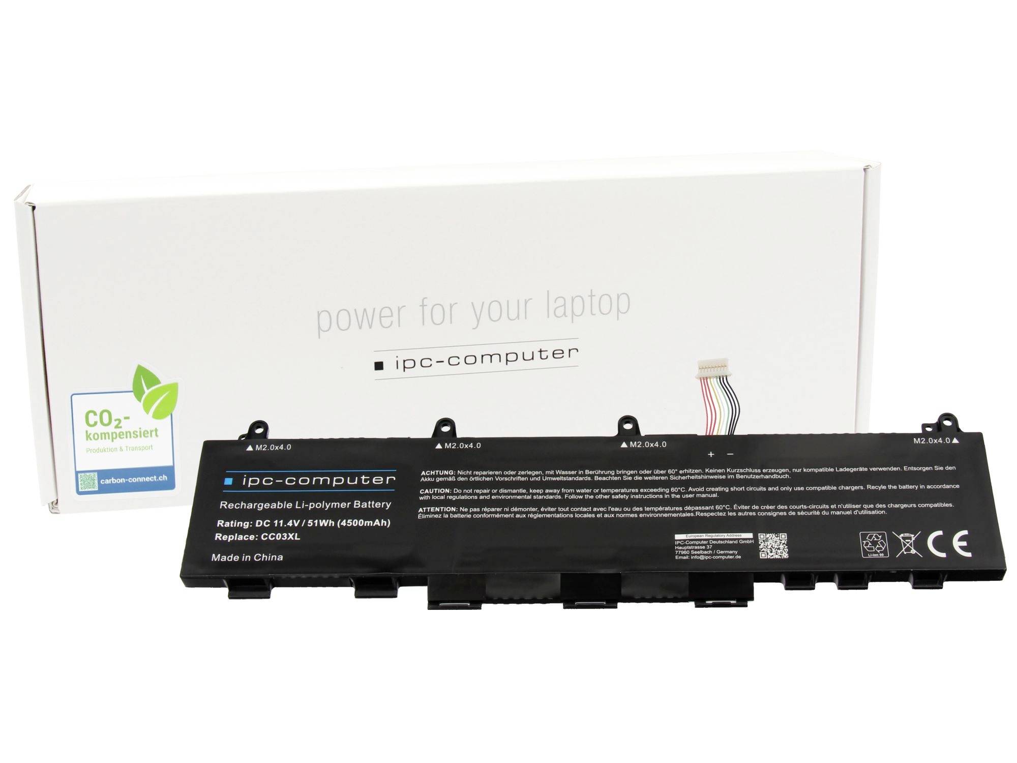 Pack de remplacement de batterie d'ordinateur portable avec boîte blanche « power for your laptop » et batterie ipc-computer noire présentant des étiquettes et des fils de connecteur