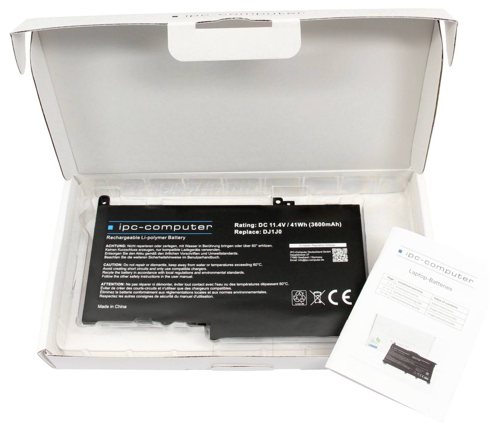 Boîte ouverte contenant une batterie de remplacement pour ordinateur portable et un dépliant d'instructions à l'intérieur.