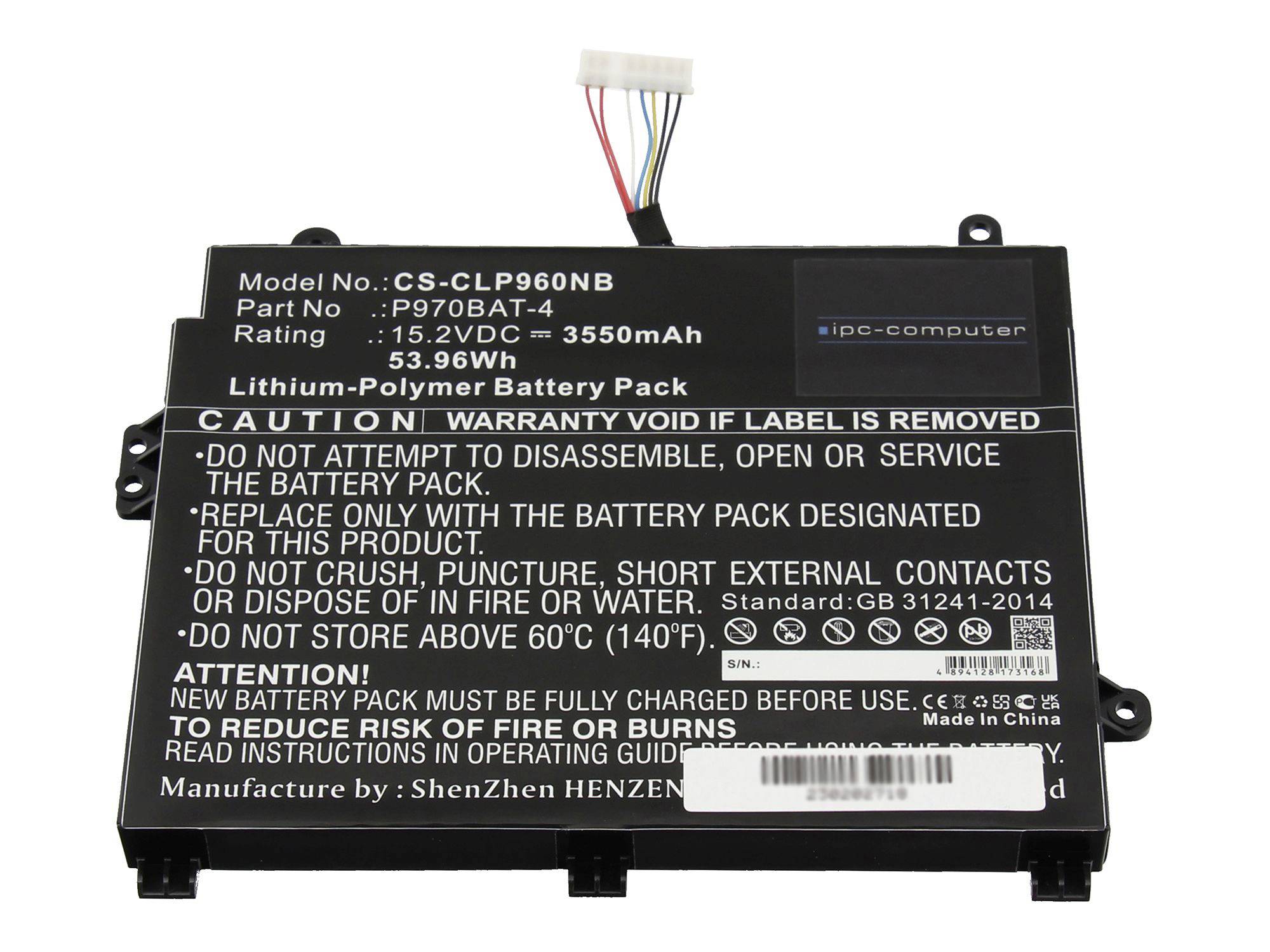 Batterie lithium-polymère noire avec connecteur, étiquetée pour le modèle CS-CLP960NB, 15,2V 3550mAh, avec avertissements de sécurité et code à barres.