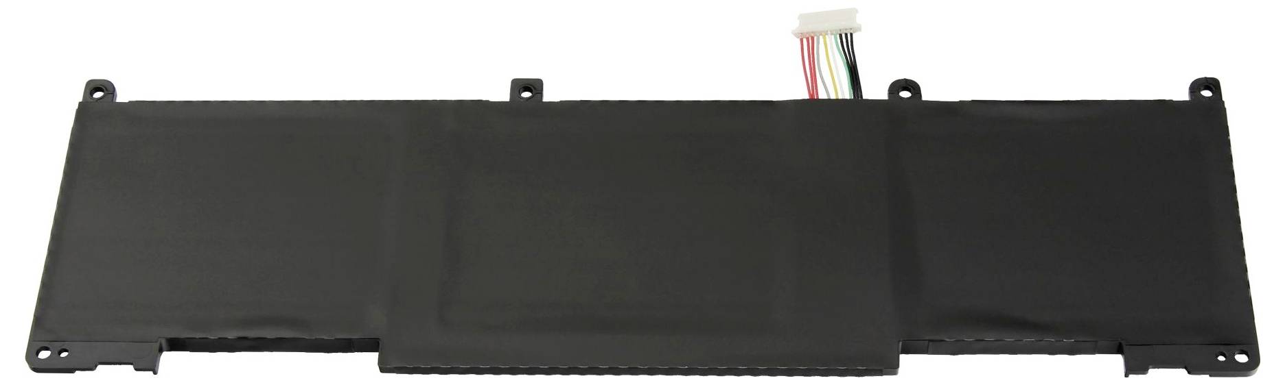 Batterie d'ordinateur portable rectangulaire noire avec plusieurs languettes de montage et un connecteur de câble multicolore sur le dessus.