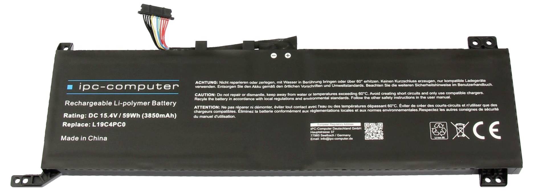Batterie rechargeable Li-polymère noire pour ordinateur IPC, marquée 7.4V 39Wh 3850mAh, remplacement L19C4PC0, avec connecteur multi-fils attaché.