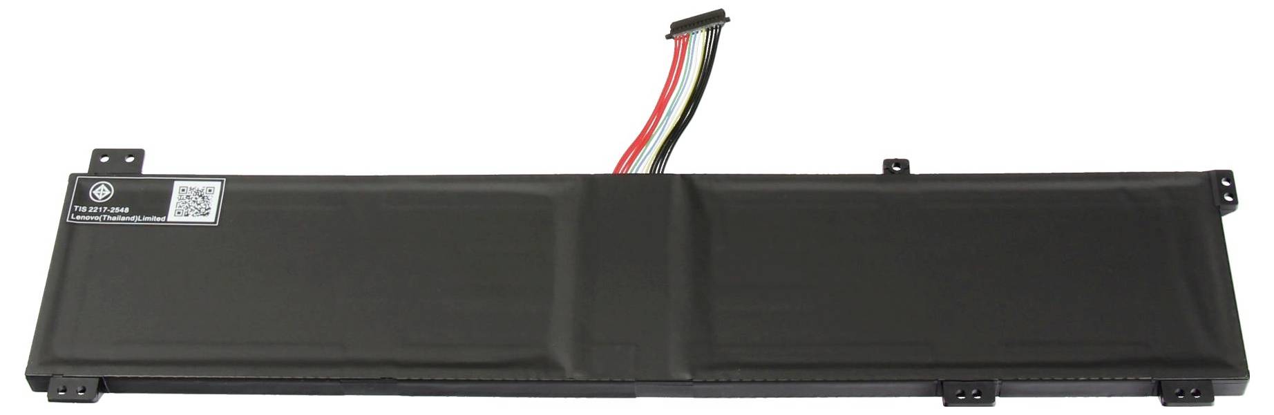 Batterie de portable noire allongée avec connecteur à trois fils et étiquette, présentée sur fond blanc.