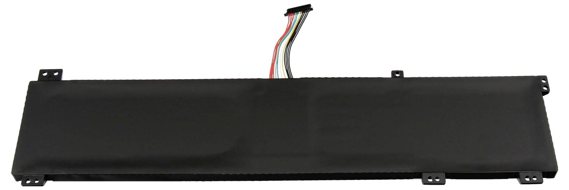 Bloc-batterie rectangulaire noir avec fils multicolores attachés et pattes de montage sur fond blanc