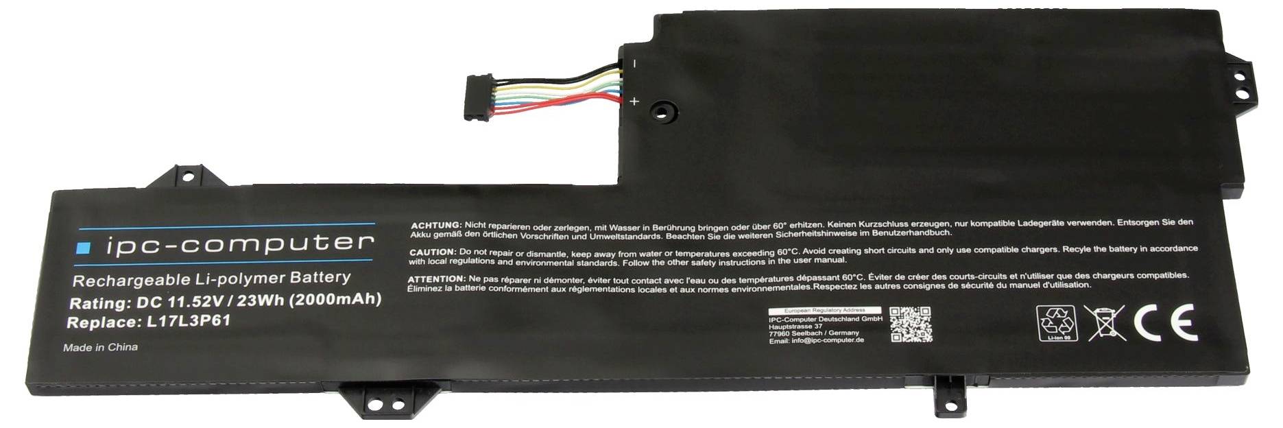 Bloc-batterie de portable noir portant l'étiquette « ipc-computer » avec câble connecteur multicolore et spécifications imprimées, y compris modèle de remplacement 11,52V 23Wh L17L3P51.