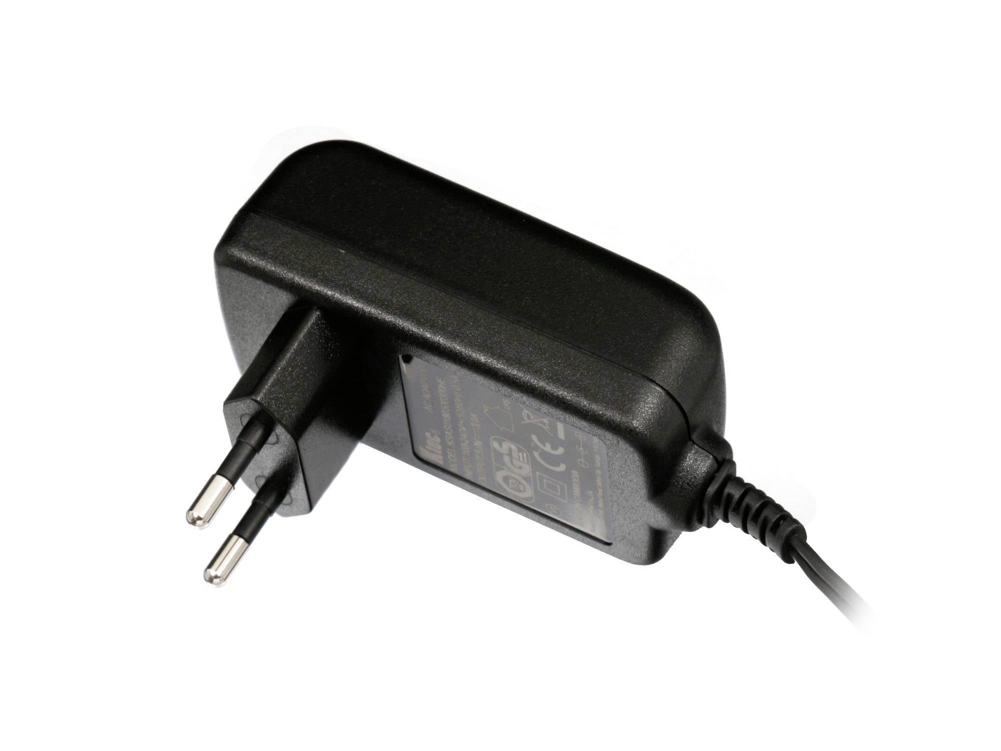 Adaptateur d'alimentation électrique noir avec deux broches de prise européenne rondes et un cordon attaché sur fond blanc