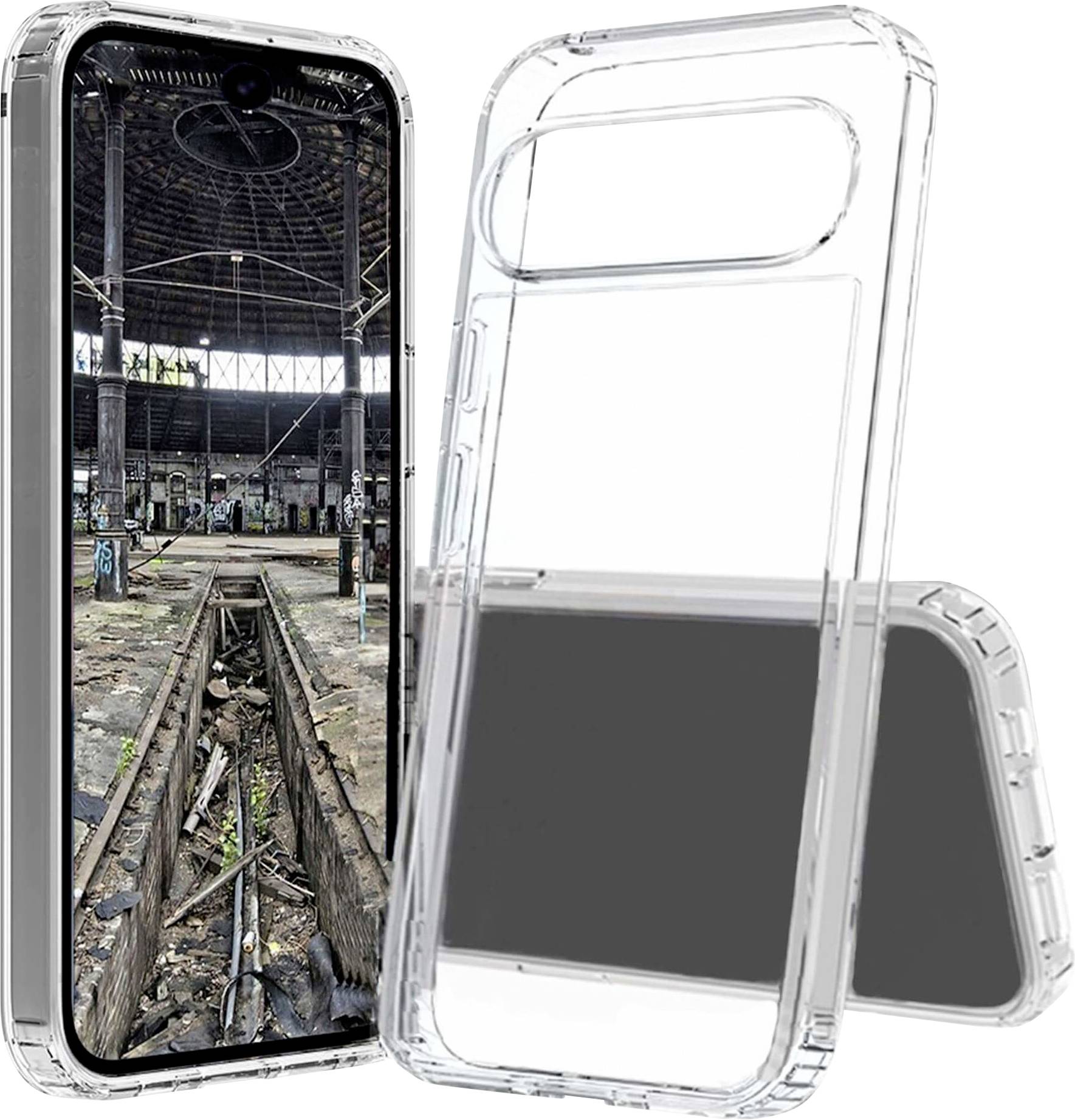 Étuis de téléphone transparents présentés avec un smartphone affichant un intérieur industriel abandonné sur l'écran, suggérant un modèle de produit d'étui de protection.