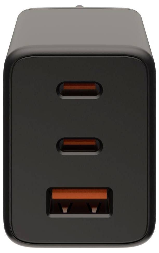 Chargeur mural noir avec deux ports USB-C au-dessus d'un port USB-A, montré en vue de face.
