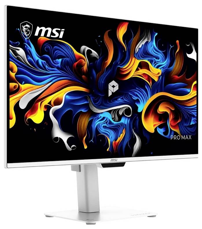 Moniteur de bureau MSI Pro Max avec un fond d'écran abstrait coloré bleu, orange et noir affiché sur l'écran, présenté sur un support argenté.